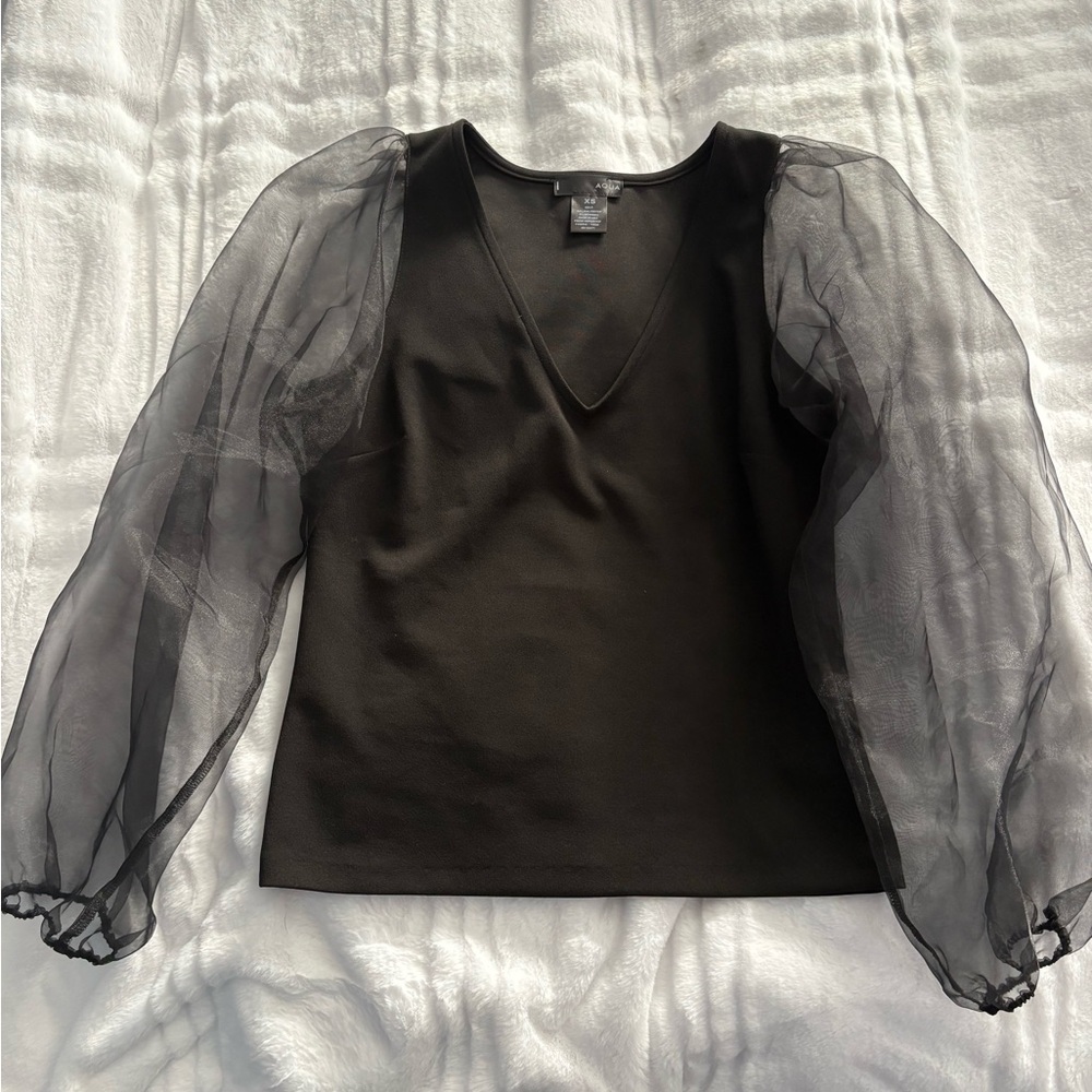 Black V-Neck Blouse with Sheer Puff Sleeves